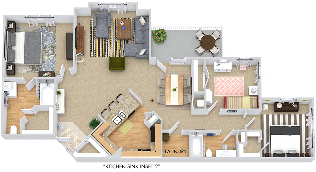 Floor plan for 3 beds, 2 baths, 1309 sqft